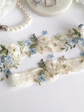 Blue Wedding Garter Set, Ivory Wildflower Embroidered Lace Bride Garters, Flower Bridal Keep and Toss wedding flower