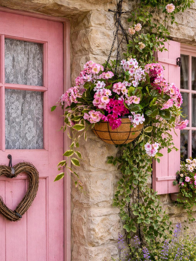 Artificial hanging flower basket or urn filler , faux pink  geranium flower outdoor arrangement, fake outdoor flowers faux plants