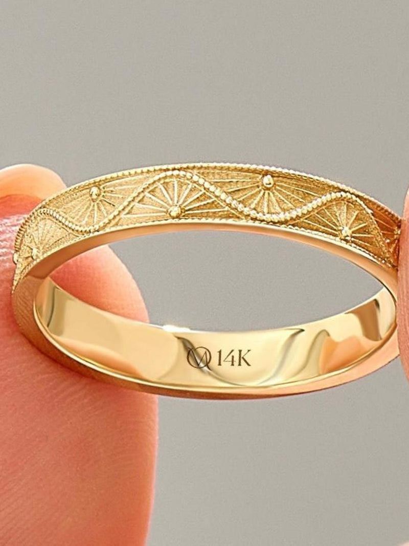 14K Solid Gold Flower Wedding Band, Botanical Marriage Rings, Couples Matching Bands, Minimal Nature Inspired Jewelry, Vintage Style Ring wedding flower