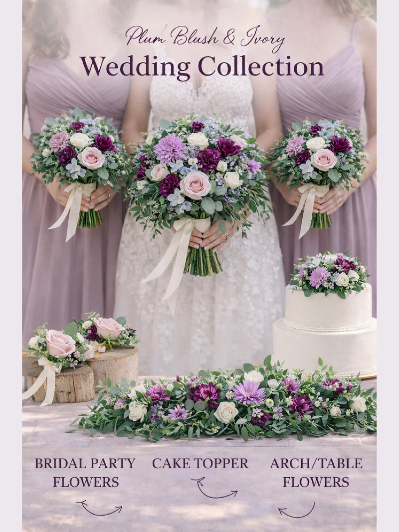 Plum Blush Ivory Wedding Flower Package, Arch Arrangement, Bridal Bouquet Set, Bridesmaid Bouquets, Boutonni�res, Corsages, Cake Topper wedding flower