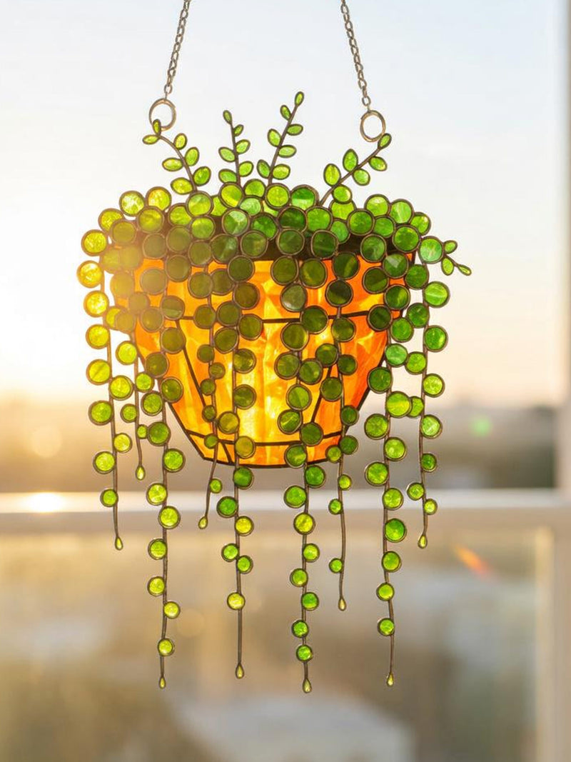 Suncatcher String of Pearls Plant Hanging, Acrylic Plant Window Decor, Plant Lover Gift -Faux Greenery Art- Boho Philodendron Home Decor faux plants
