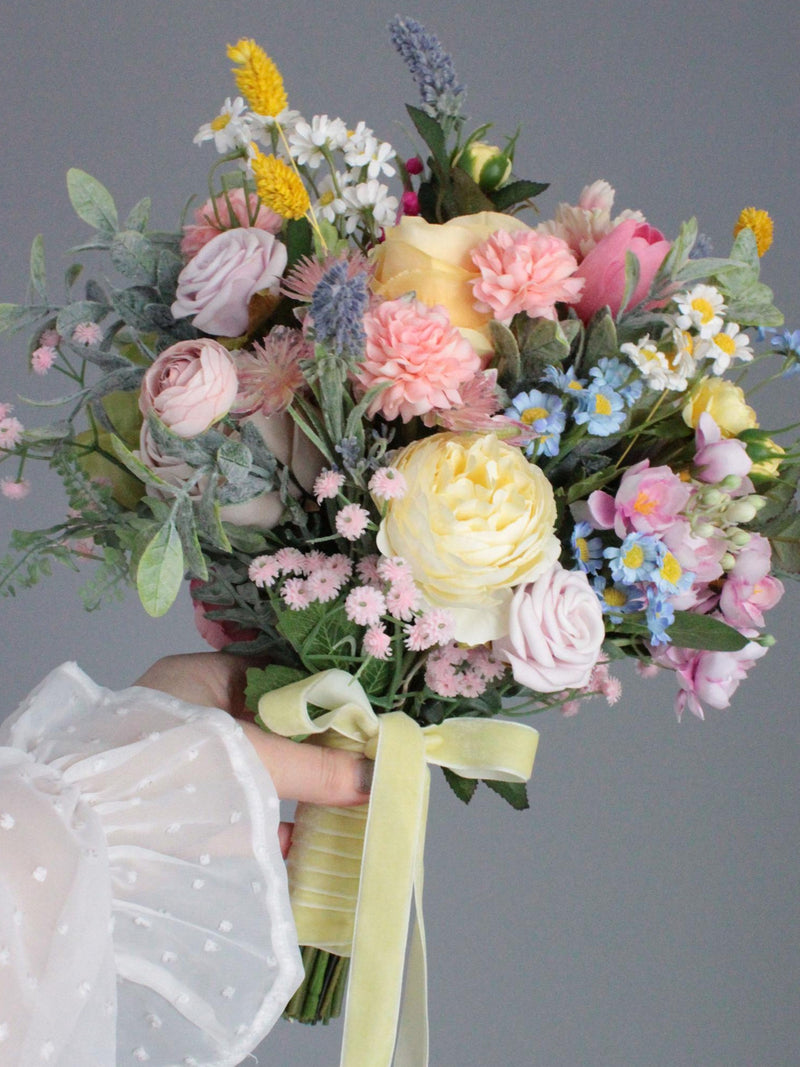 Wildflower Bridal Bouquet,Dusty Pink Yellow Wedding Flowers,Spring Summer Flowers,pastel tone  bouquets Bouquet