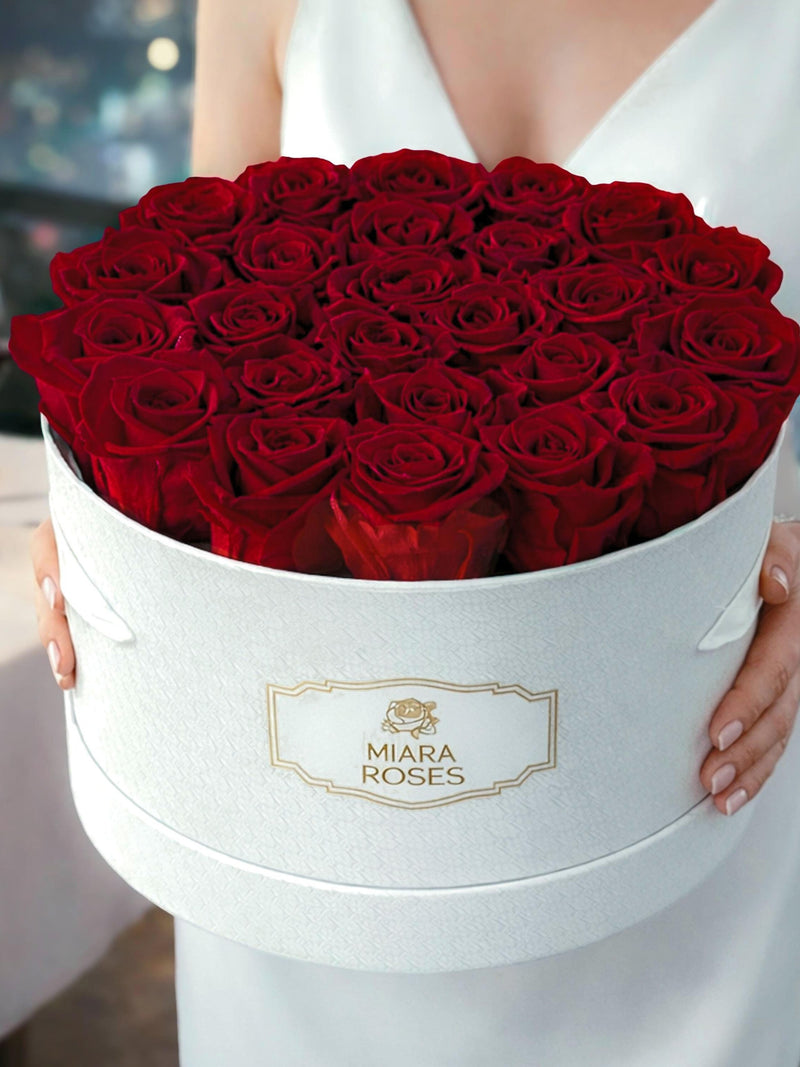 Surprise Gift For Her Ñ 25 Eternal Red Roses Lasts for Years, Round Box - Anniversary Gift for Wife, Romantic Birthday Flowers, Custom Text birthday flower