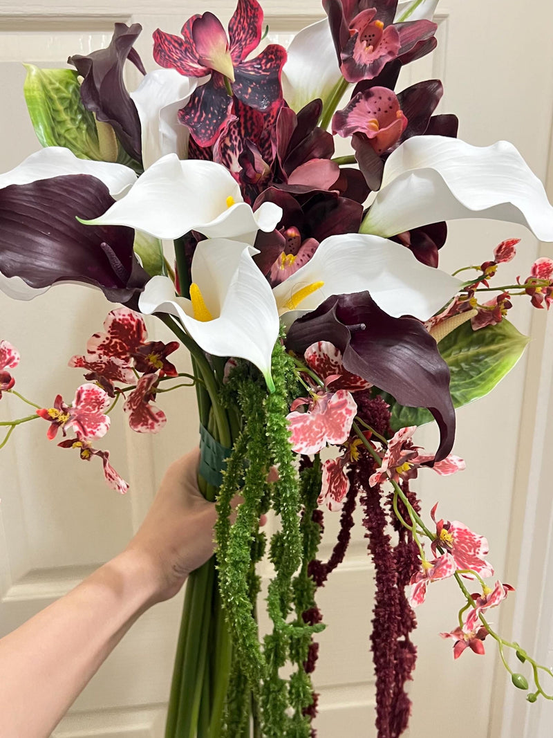 Burgundy white calla lily bouquet, white burgundy moody bouquet, vanda orchid, cymbidium orchid, dancing lady orchid, cascading amaranthus Bouquet