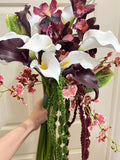 Burgundy white calla lily bouquet, white burgundy moody bouquet, vanda orchid, cymbidium orchid, dancing lady orchid, cascading amaranthus Bouquet