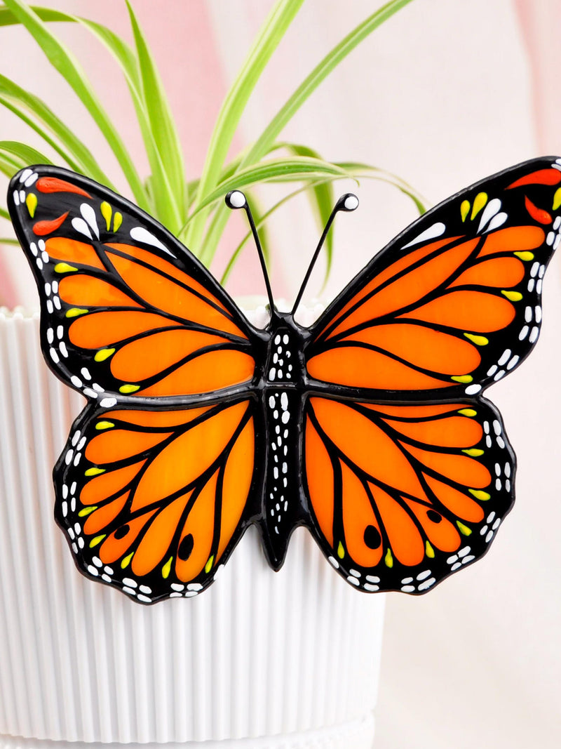 Stained Glass Butterfly Decoration Ð Orange Monarch Garden or Flower Pot Plant Stake house warming flower
