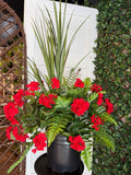 Artificial Outdoor Geranium Planter, Faux flower planter, drop in urn filler , planters for porch, Summer, potted faux plant faux plants