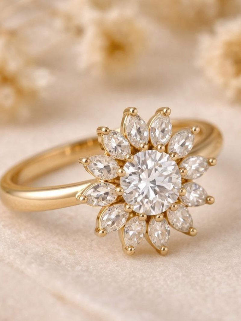 0.50 CT Round Diamond Floral Halo Ring, 14K Gold Engagement Ring, Sunburst Cluster Vintage Bridal Ring, Unique Flower Anniversary Ring ANNIVERSARY
