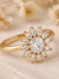 0.50 CT Round Diamond Floral Halo Ring, 14K Gold Engagement Ring, Sunburst Cluster Vintage Bridal Ring, Unique Flower Anniversary Ring ANNIVERSARY