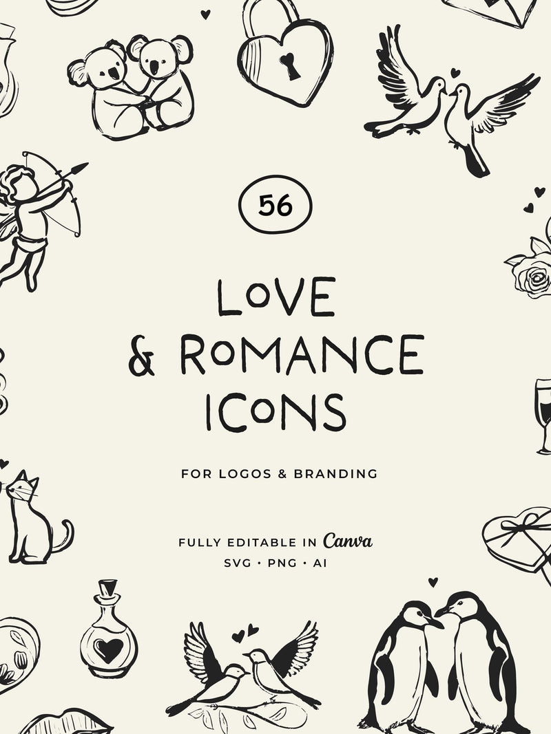 Valentine's Day Line Art Illustrations: Romance Clipart (PNG, SVG, Vector) Love Romance Flower