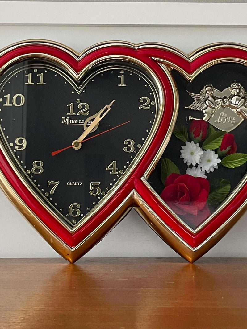 3D Wall Clock - Double Hearts Working Quartz Clock, Flower Panel & Cherubs Love Romance Flower