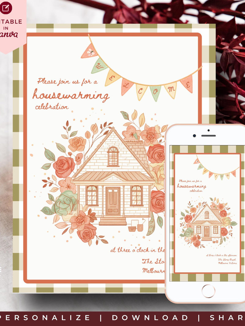 House Warming Invitation Template Editable Canva, Housewarming Party Invite Printable, Rustic Floral New Home Evite Cottagecore Gingham Card house warming flower