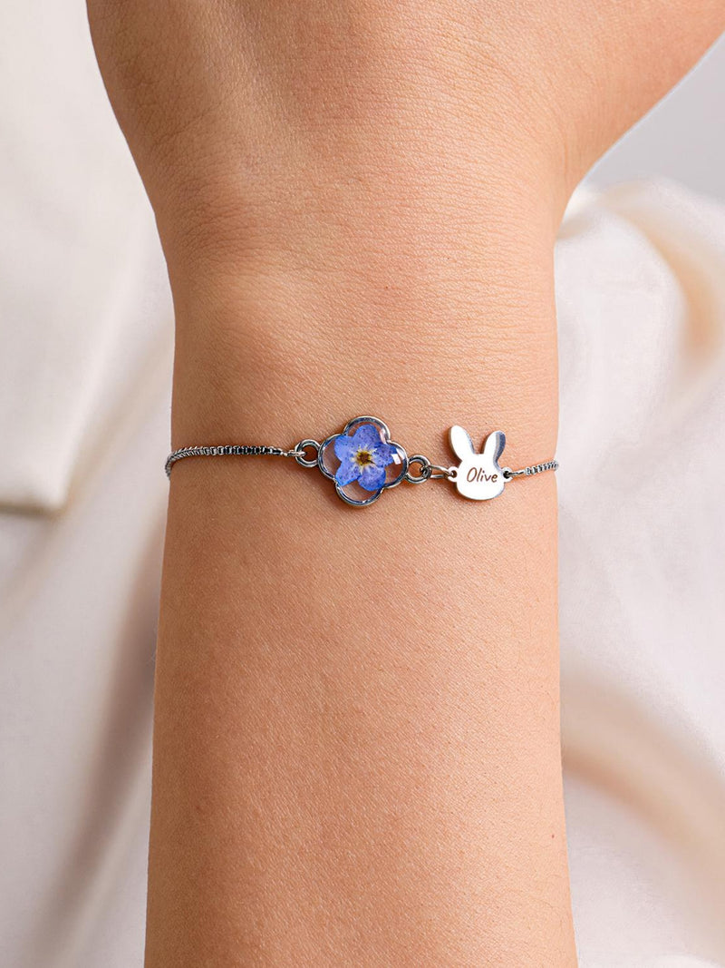 Forget Me Not Flower Bunny Name Bracelet, Rabbit Memorial Jewelry, Personalized Pet Loss Gift, Bunny Keepsake Gift, Gift for Rabbit Lovers sympathy flower