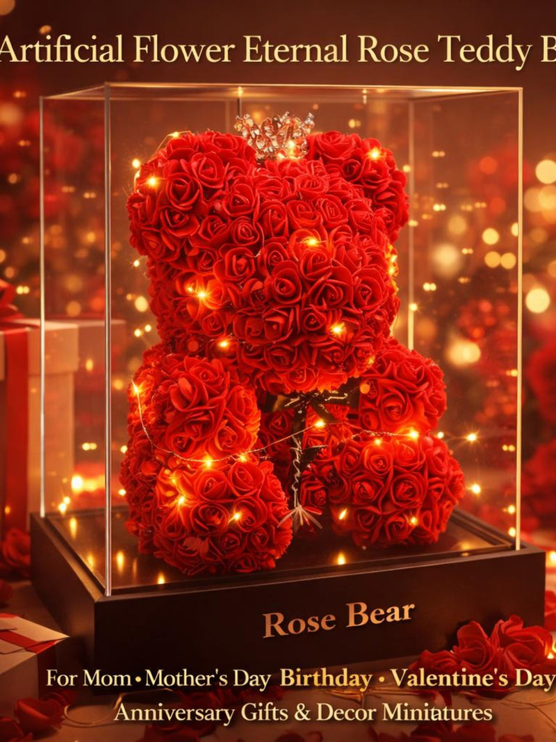 Artificial Rose Teddy Bear with LED Lights, Eternal Flower Gift Box ANNIVERSARY