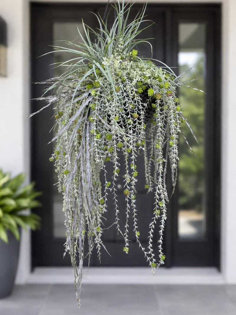 Modern Hanging Planter with Trailing Greenery, Faux Outdoor Basket, Front Door Decor, Realistic Artificial Succulent Plant and Arrangement faux plants