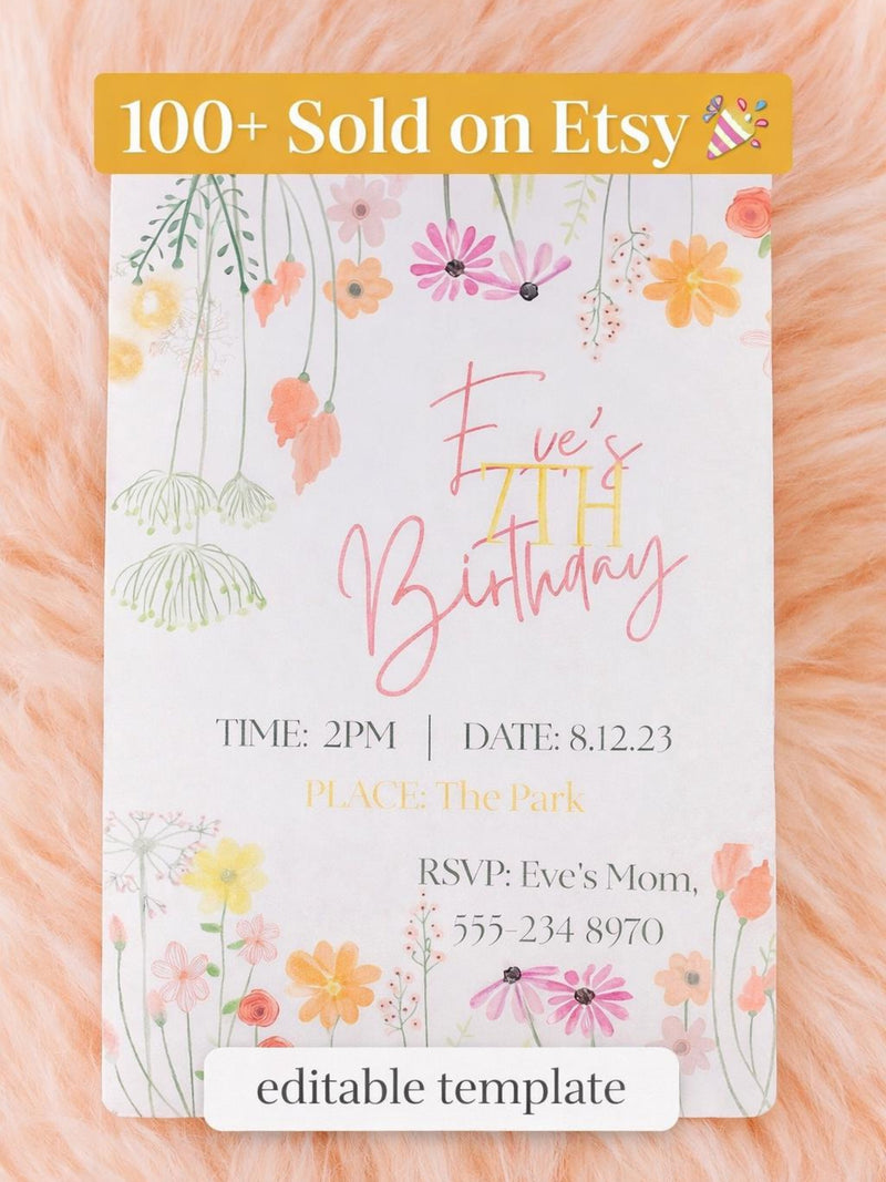 Editable Floral Birthday Invitation Template Ð Canva Ð Instant Download birthday flower