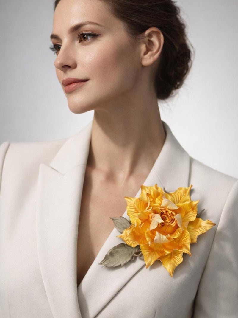 Yellow Silk Flower Brooch, Handmade Fabric Flower, Statement Floral Pin, Botanical Jewelry, Unique Gift for Her, 4 inch silk flower