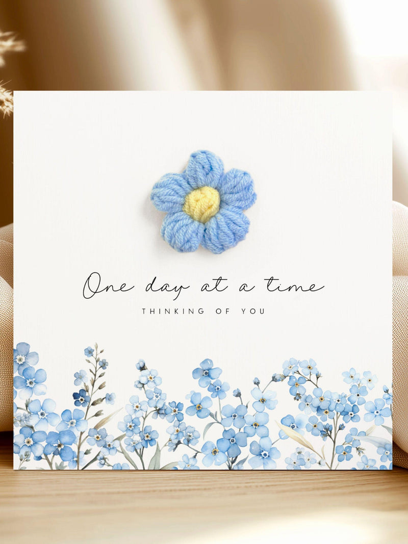 Crochet Flower Sympathy Card, Thinking Of You Card, Condolence Bereavement Card, Sorry For Your Loss Card, One Day at a Time, Forget me not sympathy flower