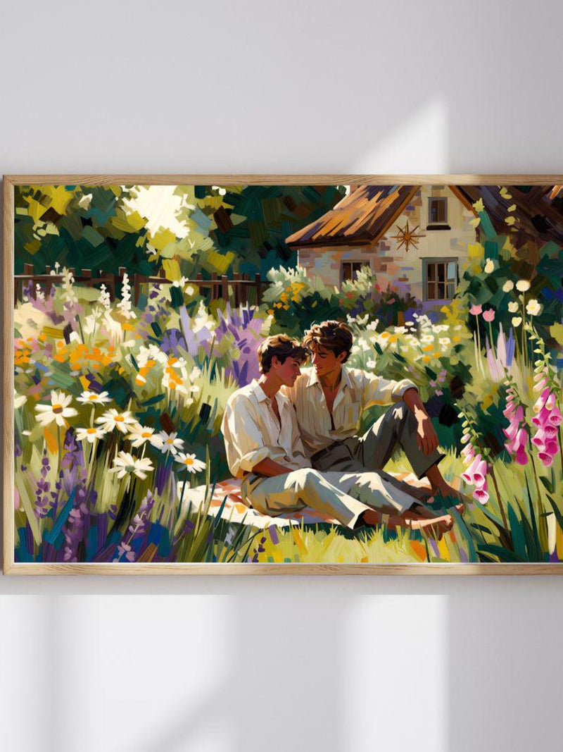 Gay Cottagecore Couple In Flower Garden Romantic Summer Love Art Print Digital Download Love Romance Flower