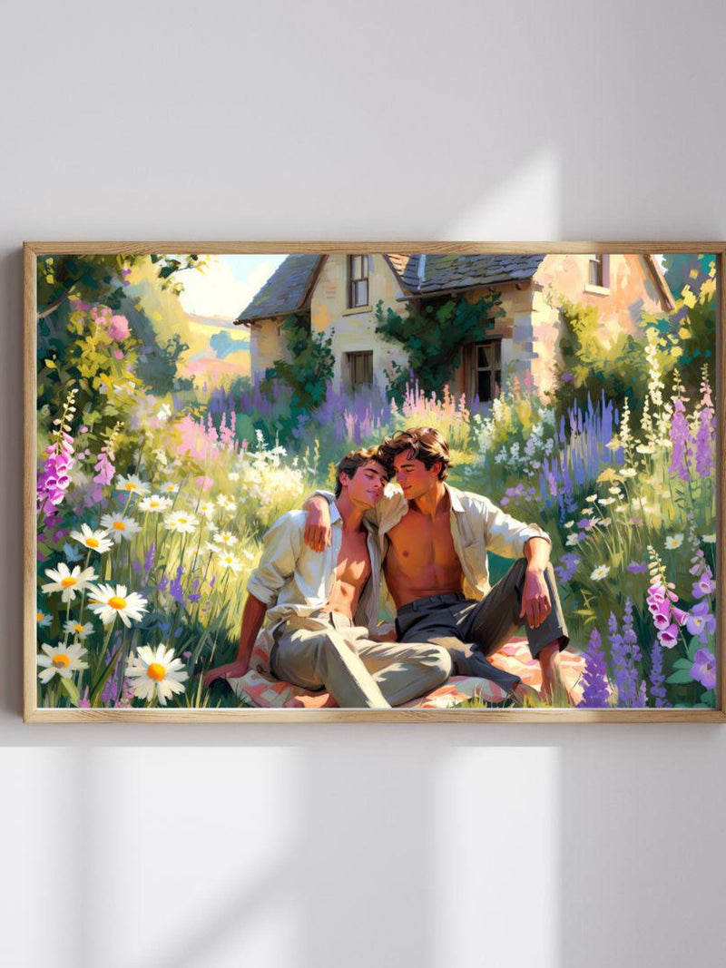 Gay Cottagecore Couple In Wildflower Garden Romantic Countryside Love Art Print Digital Download Love Romance Flower