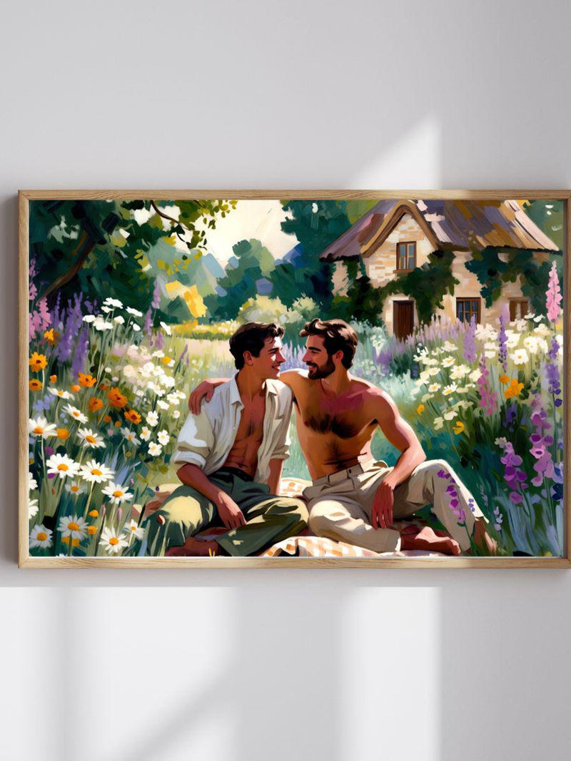 Gay Cottagecore Couple In Flower Meadow Romantic Countryside Love Art Print Digital Download Love Romance Flower