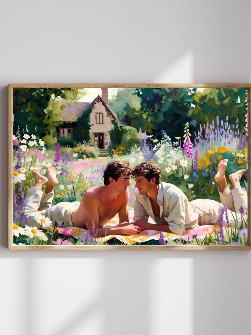 Gay Cottagecore Couple Lying In Flower Meadow Romantic Countryside Love Art Print Digital Download Love Romance Flower