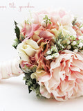 Bridal or Bridesmaid Wedding Bouquet Lily of the Valley Peonies Roses Hydrangea Pink Ivory - Add Groom's Boutonniere Flower Crown and More! silk flower
