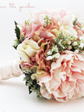 Bridal or Bridesmaid Wedding Bouquet Lily of the Valley Peonies Roses Hydrangea Pink Ivory - Add Groom's Boutonniere Flower Crown and More! wedding flower