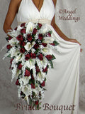 ANGIE BURGUNDY silk flowers babies breath roses calla lilies ivy bouquets bow ribbon satin stephanotis pearls, blossoms, rosebuds, diamond Bouquet