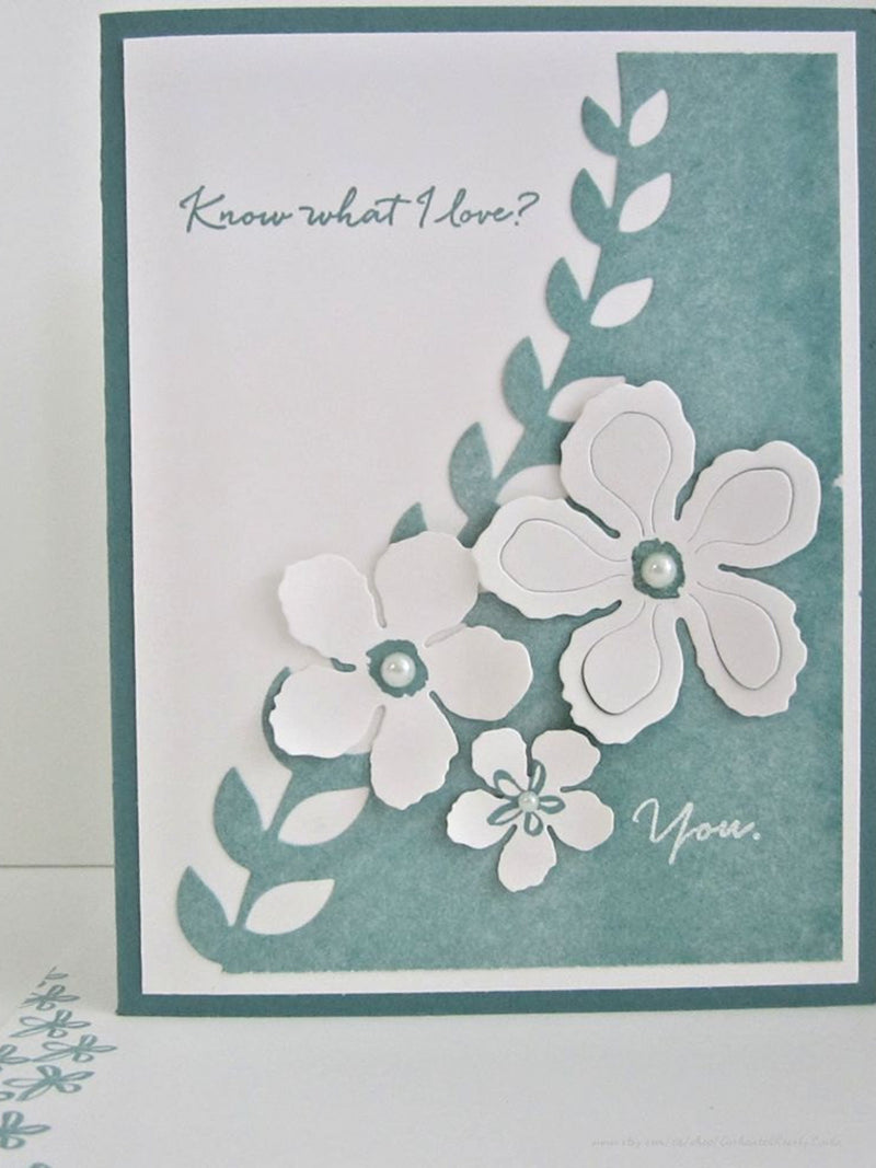 Love, Romance, Anniversary, Friendship - All occasion card, embellished with die cut paper flowers, faux pearls, hand stamped sentiment Love Romance Flower