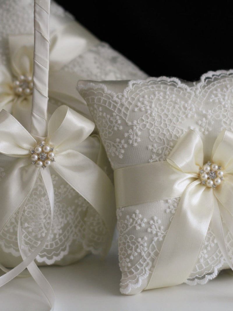 Flower Girl Basket and Ring Bearer Pillow Set, Flower Girl Baskets, Ivory Wedding Basket, Ivory Ring Pillow, Ringkissen, Lace Wedding Pillow wedding flower
