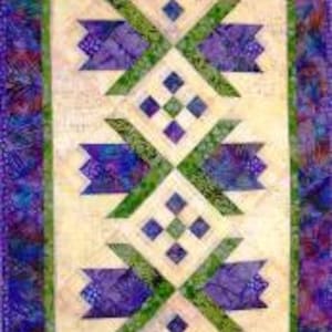 Quilt block pattern PDF with purple and blue pinwheel and diamond shapes on light fabric