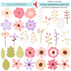 Pastel floral clipart set with assorted flowers, buds, leaves, and stems in soft colors