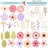 Pastel Floral Clipart Set - flowers, leaves, buds, clip art set, flower, wedding - Instant Download, Personal Use, Commercial Use, PNG