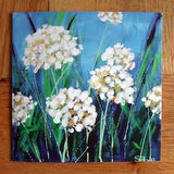White Plooms, Fine Art Greeting Card, Large, 150mm x 150mm, White Flowers, Blue, Green, suitable all occasions, blank, FREE DELIVERY