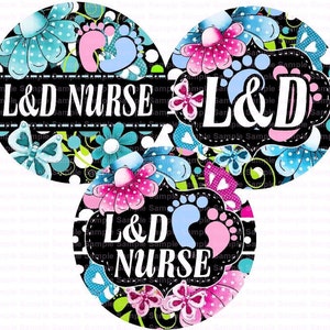 Nurse-themed bottle cap collage, heart-shaped designs with floral and L&D text