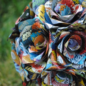 Colorful comic book paper rose with layered printed pages