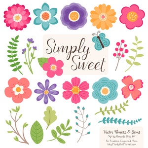 Crayon-style floral clipart set with colorful flowers, leaves, and “Simply Sweet” text