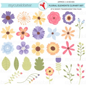 Floral clipart set with purple and pink flowers, leaves, and buds (PNG)