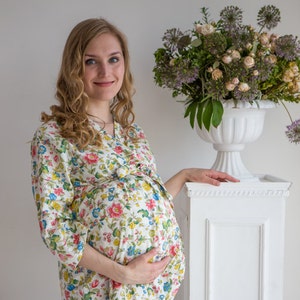 Floral maternity robe with long sleeves, front wrap style, pastel flower print