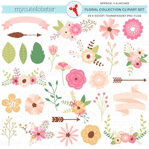 Floral clipart set with flowers, leaves, and decorative arrows in pastel colors