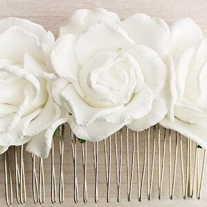 White rose floral bridal hair comb with metal pins