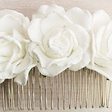 White rose floral bridal hair comb with metal pins