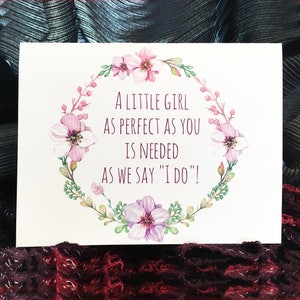 Flower girl card with floral wreath and quote text on white cardstock