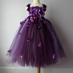 Purple and lavender flower girl tutu dress with floral bodice and full tulle skirt