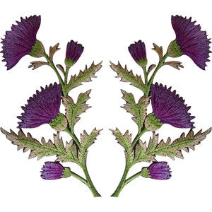 Purple thistle flower iron-on patches with green leaves, set of flower badges