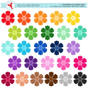 Rainbow flower clipart set of multicolor 2D blooms, assorted sizes, for digital use