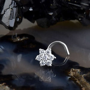Nose ring with clear flower cluster, silver-tone metal, small curved hoop style