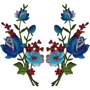 Pair of blue and red floral embroidered iron-sew patches with leaves, bird detail