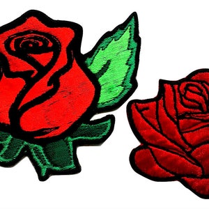 Embroidered iron-on rose flower patches, two red roses with green leaves
